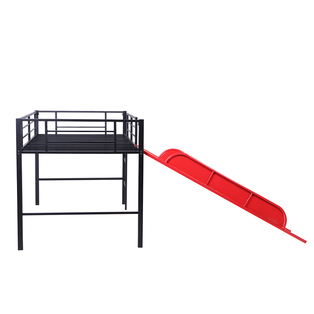 Twin-Size Loft Bed Frame with Slide, Ladder, and Metal Slats Support, for Kids, Teens, Boys, Girls (Frame Only) - Black + Red