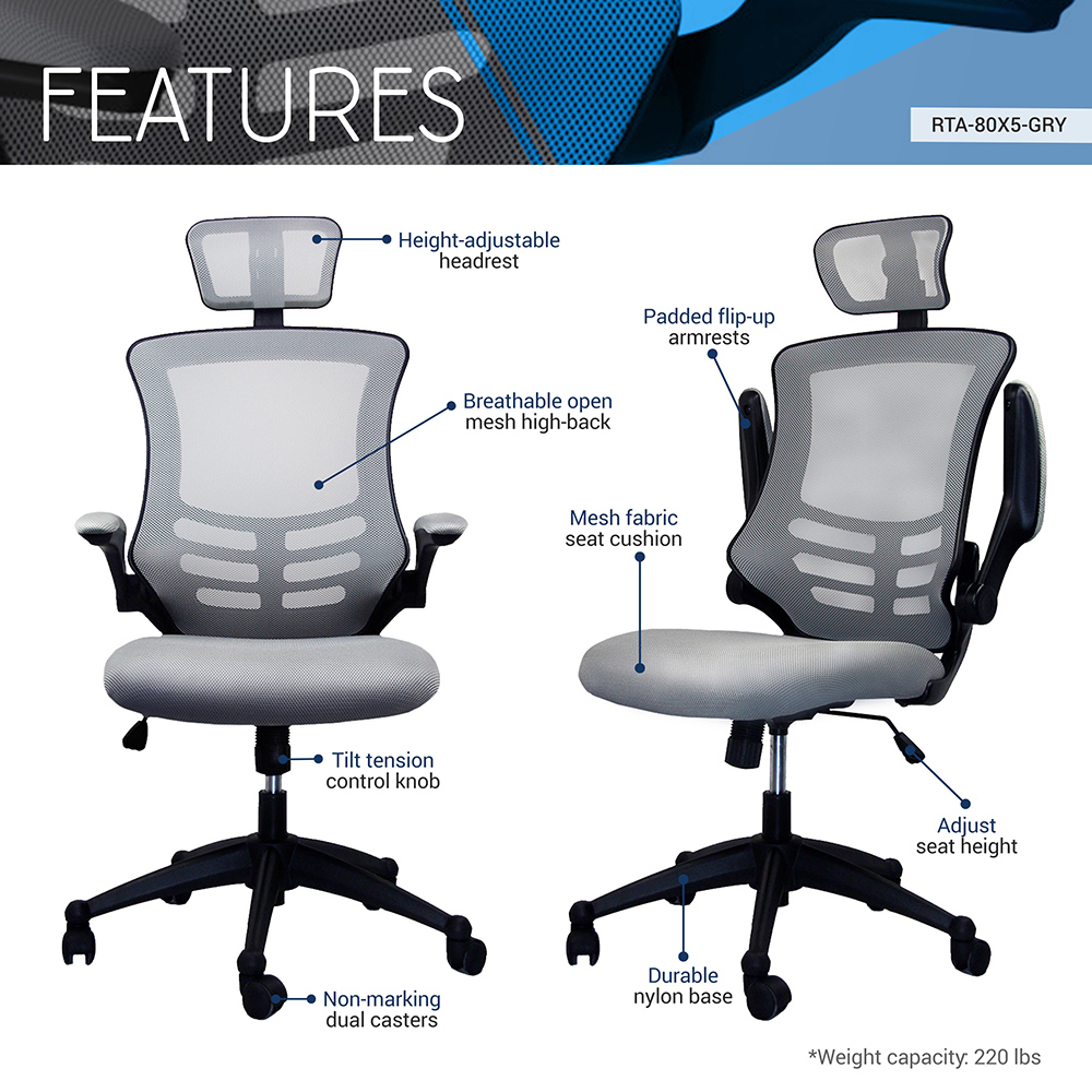 Techni Home Office Mesh Adjustable Rotatable Chair with Ergonomic High Backrest and Flip-Up Armrest - Silver
