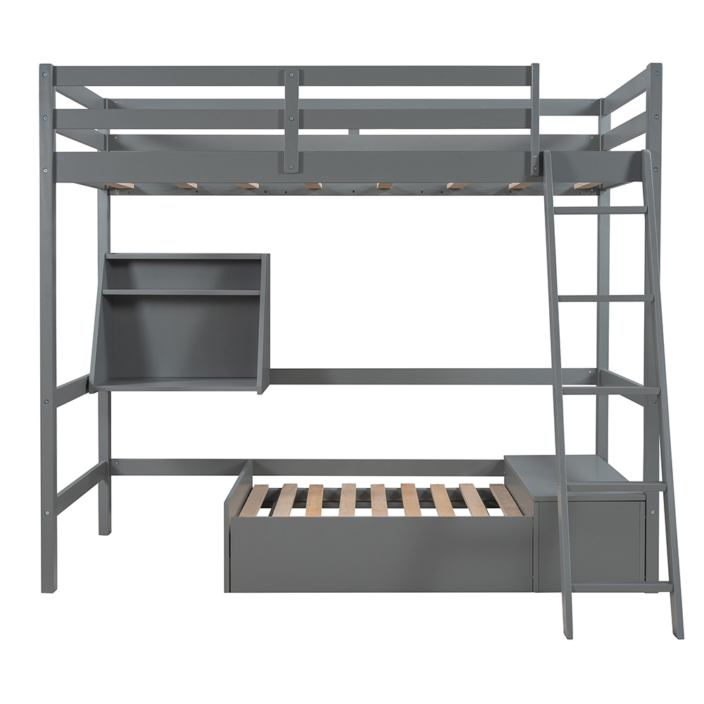 Twin-Size Loft Bed Frame with Convertible Lower Bed, Storage Box, Shelf, Ladder, and Wooden Slats Support, for Kids, Teens, Boys, Girls (Frame Only) - Gray