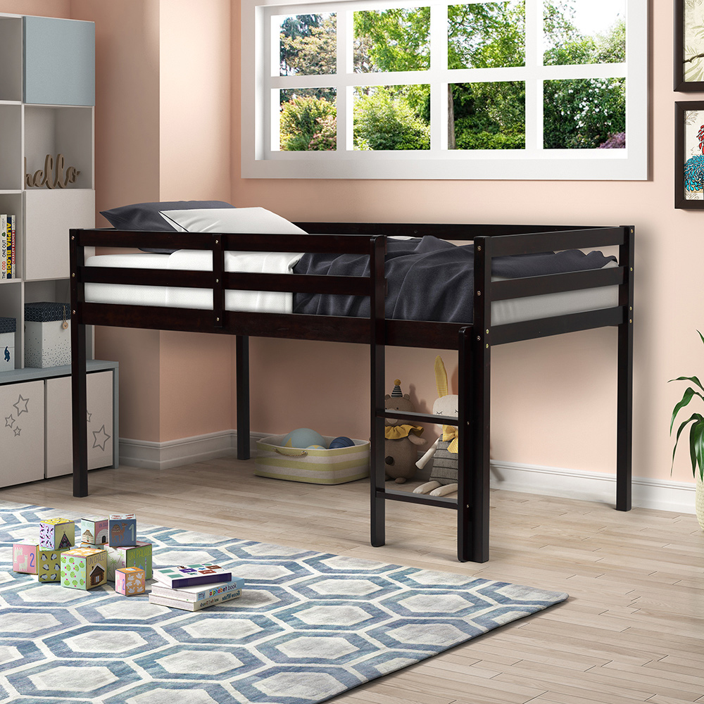 Twin-Size Loft Bed Frame with Ladder, and Wooden Slats Support, for Kids, Teens, Boys, Girls (Frame Only) - Espresso