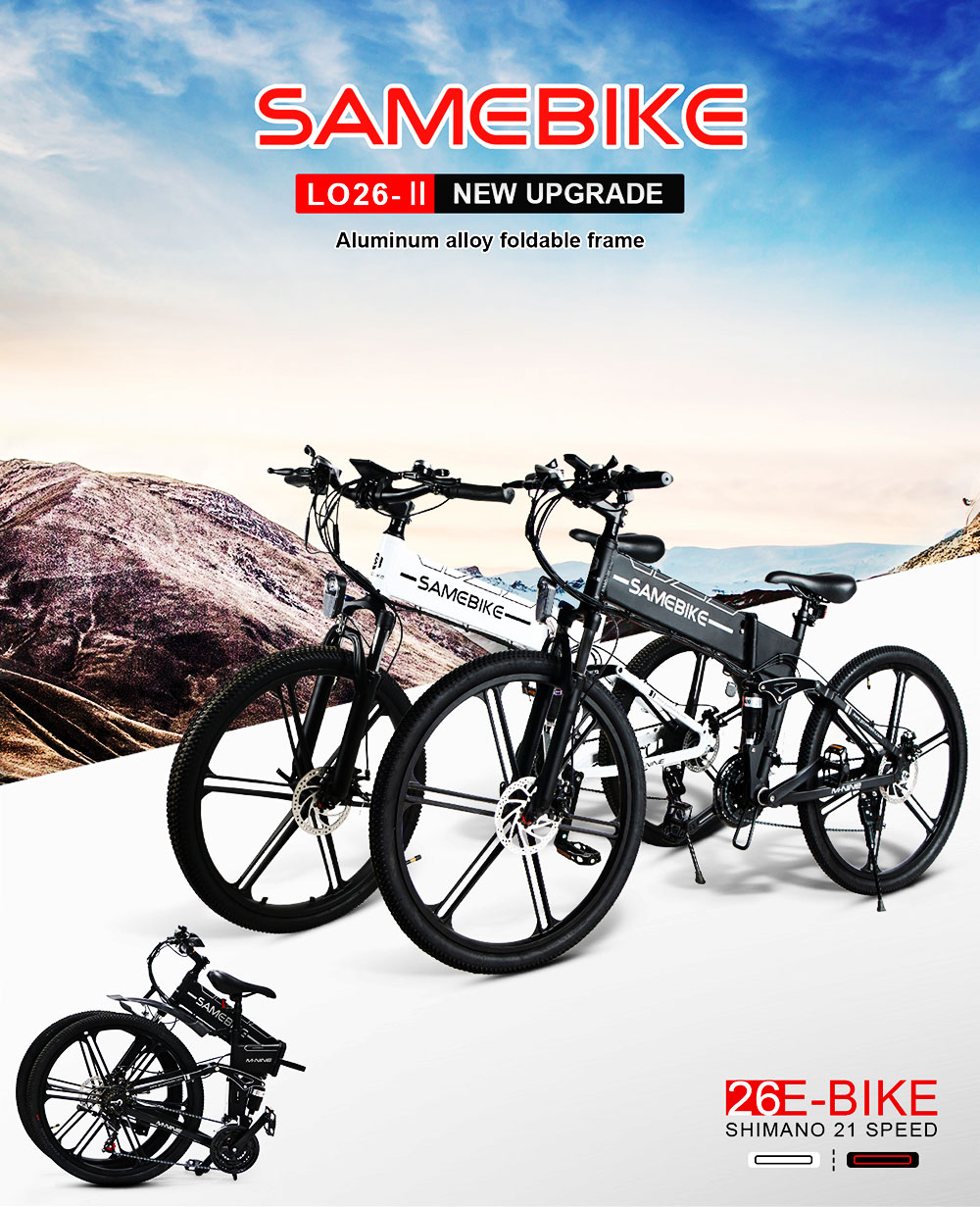 Samebike LO26 II Smart Folding Electric Moped Bike 500W Motor 10Ah Battery Max 25km/h SHIMANO 21 Gear Pure electric mode 35-40km Max range 26 Inch Magnesium Alloy Rim Wheel - Black