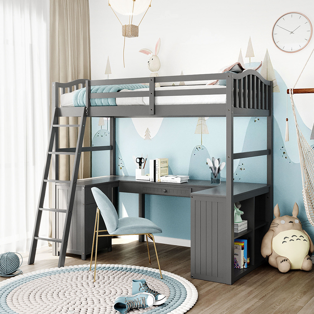Twin-Size Loft Bed Frame with Desk, Storage Drawers,  Cabinet, Shelves, Ladder, and Wooden Slats Support, for Kids, Teens, Boys, Girls (Frame Only) - Gray