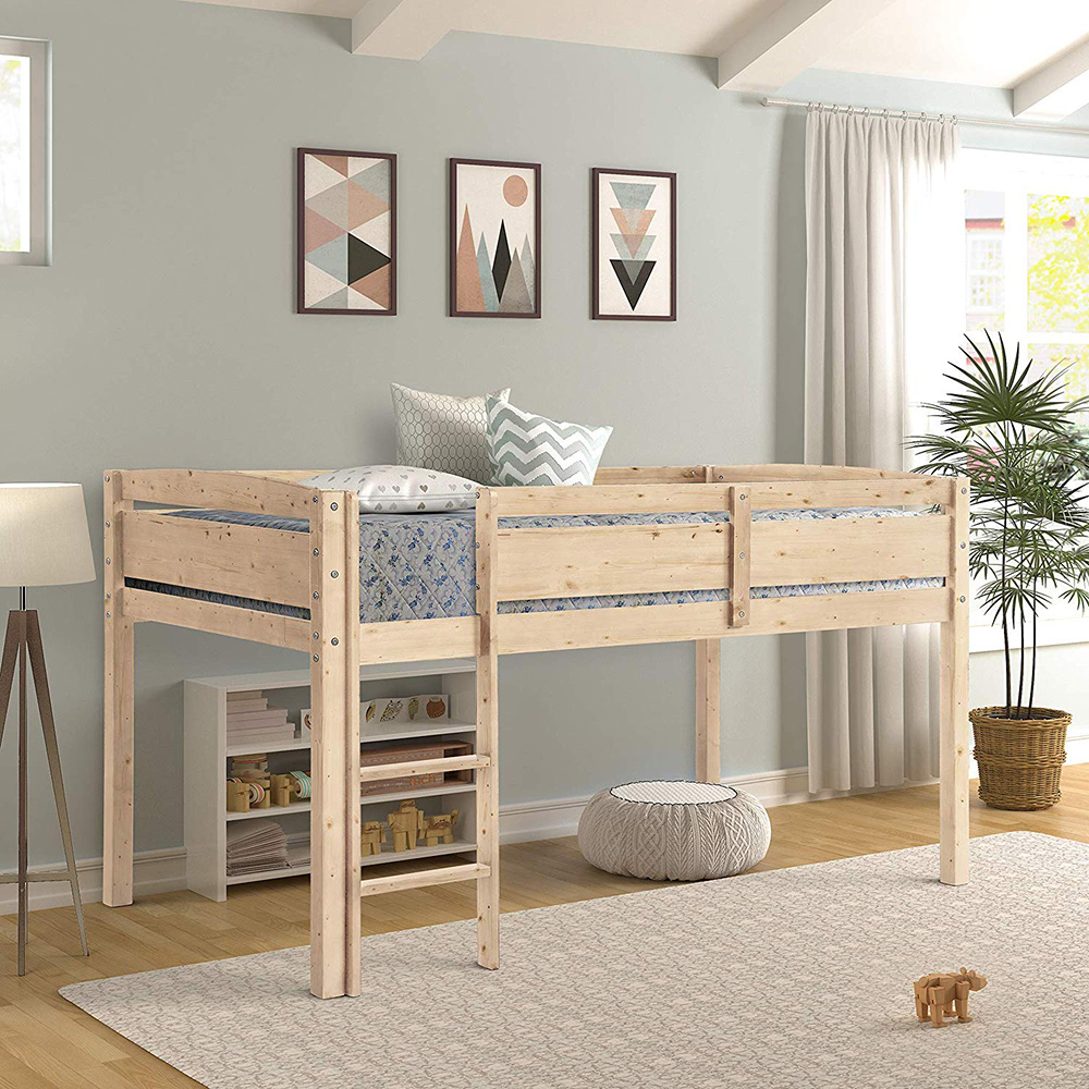 Twin-Size Loft Bed Frame with Ladder, and Wooden Slats Support, for Kids, Teens, Boys, Girls (Frame Only) - Natural