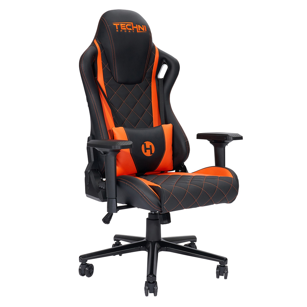 Techni Home Office PU Leather Adjustable Rotatable Gaming Chair with Ergonomic High Backrest and Lumbar Support - Orange + Black