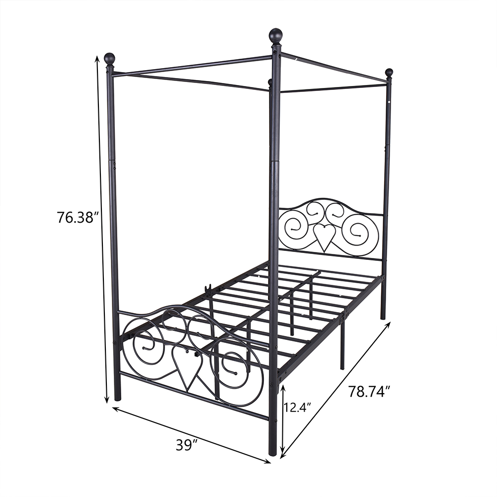 TwinSize Metal Canopy Bed Frame with 4 Pillars Black