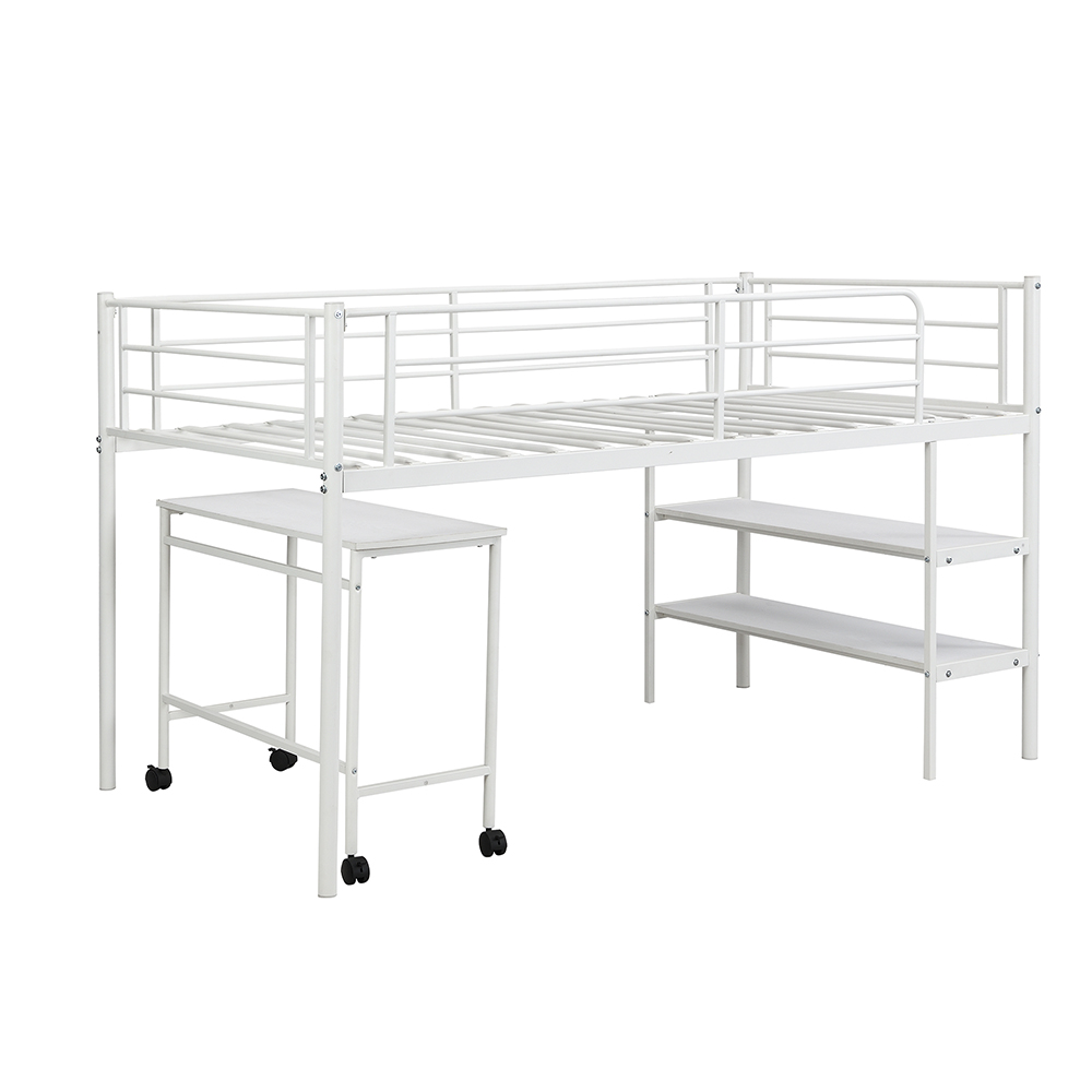 TwinSize Loft Bed Frame with Ladder, BuiltinDesk White