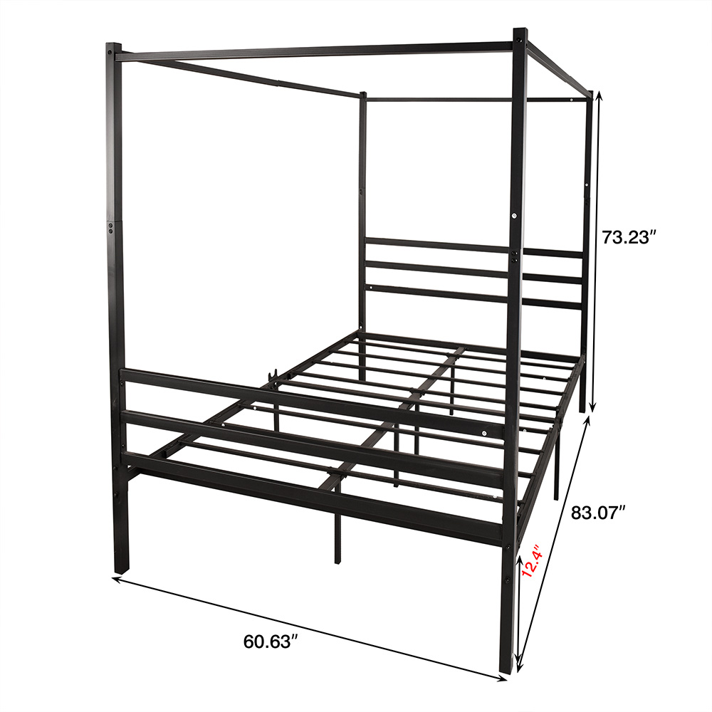 Queen-Size Canopy Platform Bed Frame with 4 Pillars and Metal Slats Support, No Box Spring Needed (Only Frame) - Black