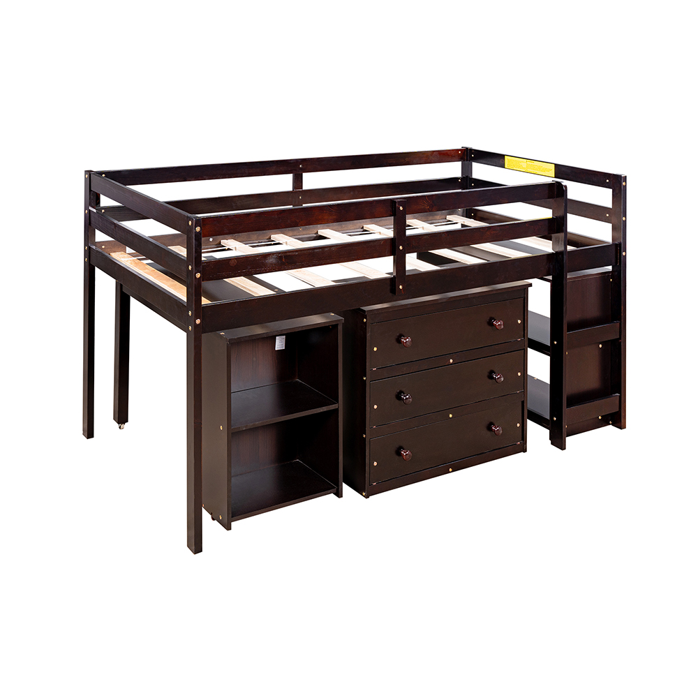 Twin-Size Loft Bed Frame with Movable Desk, Storage Cabinet, Ladder, and Wooden Slats Support, for Kids, Teens, Boys, Girls (Frame Only) - Espresso