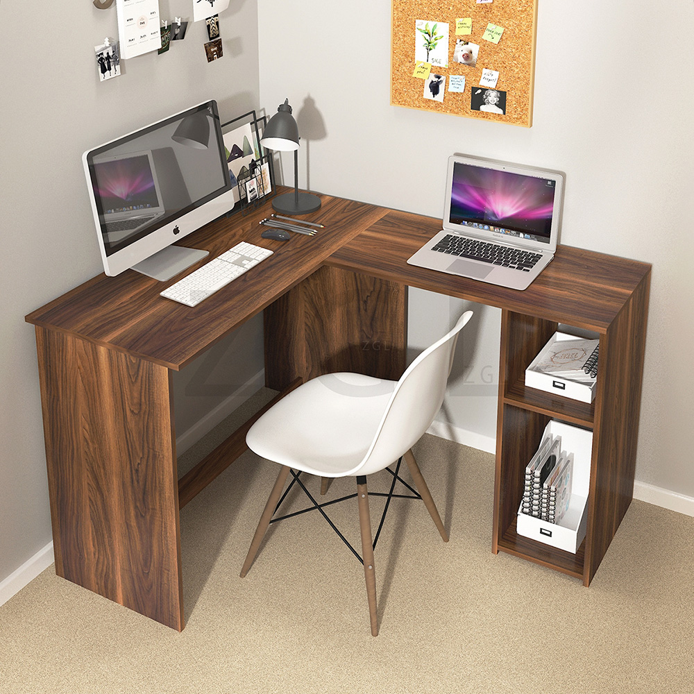 Home Office L-Shaped Corner Computer Desk with 2-Layer Storage Shelf and Wooden Frame, for Game Room, Office, Study Room - Light Brown