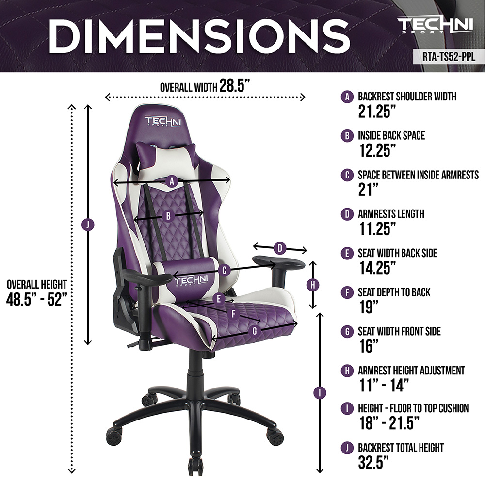 Techni Home Office PU Leather Adjustable Rotatable Gaming Chair with Ergonomic High Backrest and Lumbar Support - Purple