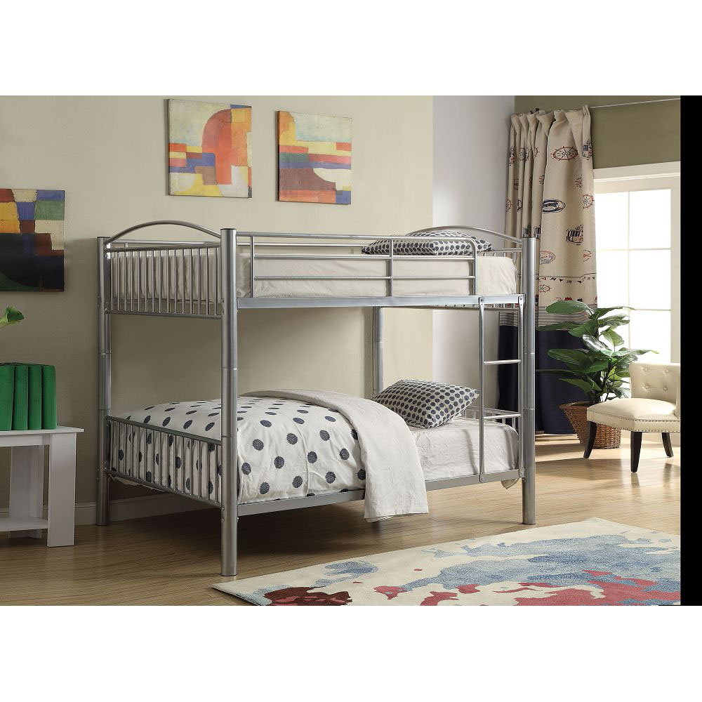 ACME Cayelynn Full-Over-Full Size Bunk Bed Frame with Ladder, and Metal Slats Support, No Spring Box Required, for Kids, Teens (Frame Only) - Silver