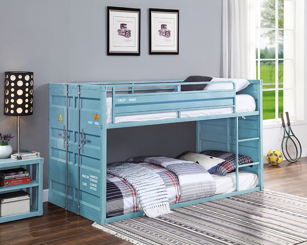 ACME Cargo Twin-Over-Twin Size Bunk Bed Frame with Ladder, and Metal Slats Support, No Spring Box Required, for Kids, Teens (Frame Only) - Blue