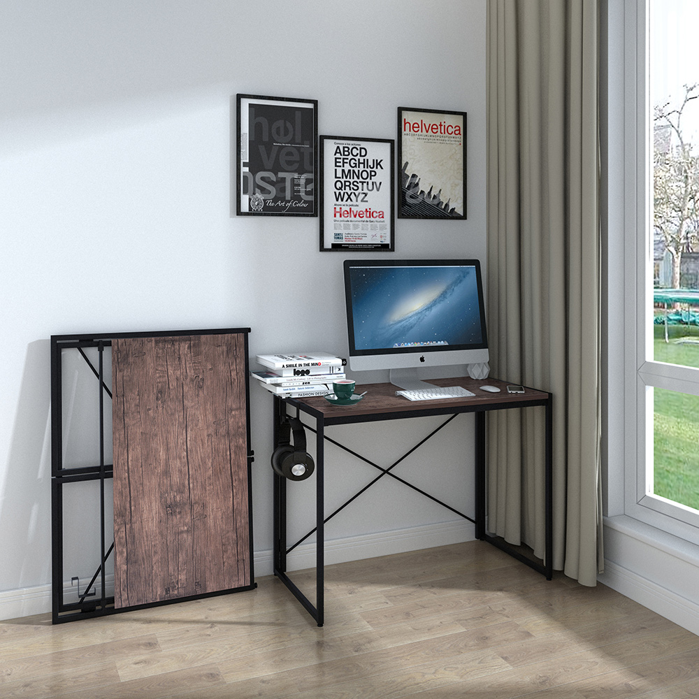 Home Office 39.4" Folding Computer Desk with Wooden Tabletop and Metal Frame, for Game Room, Office, Study Room - Bronze