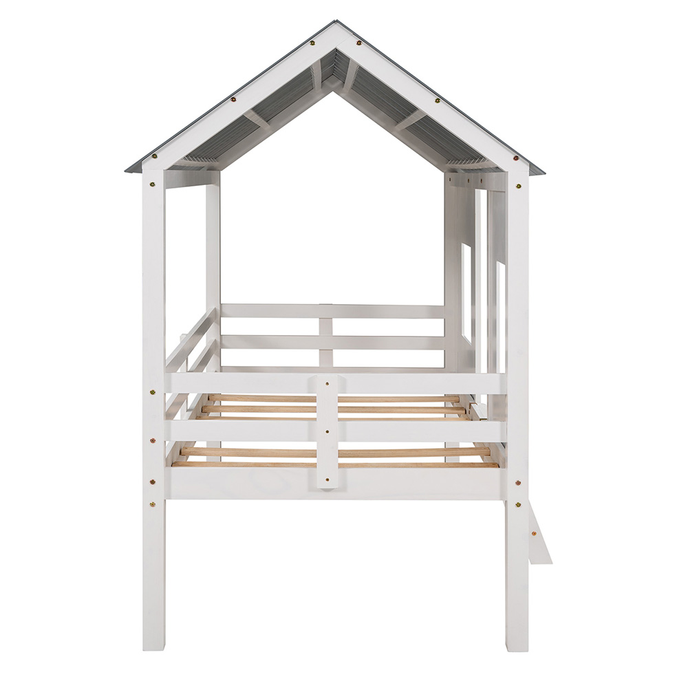 Twin-Size House-shaped Loft Bed Frame with Roof, 2 Front Windows, and Wooden Slats Support, for Kids, Teens, Boys, Girls (Frame Only) - White