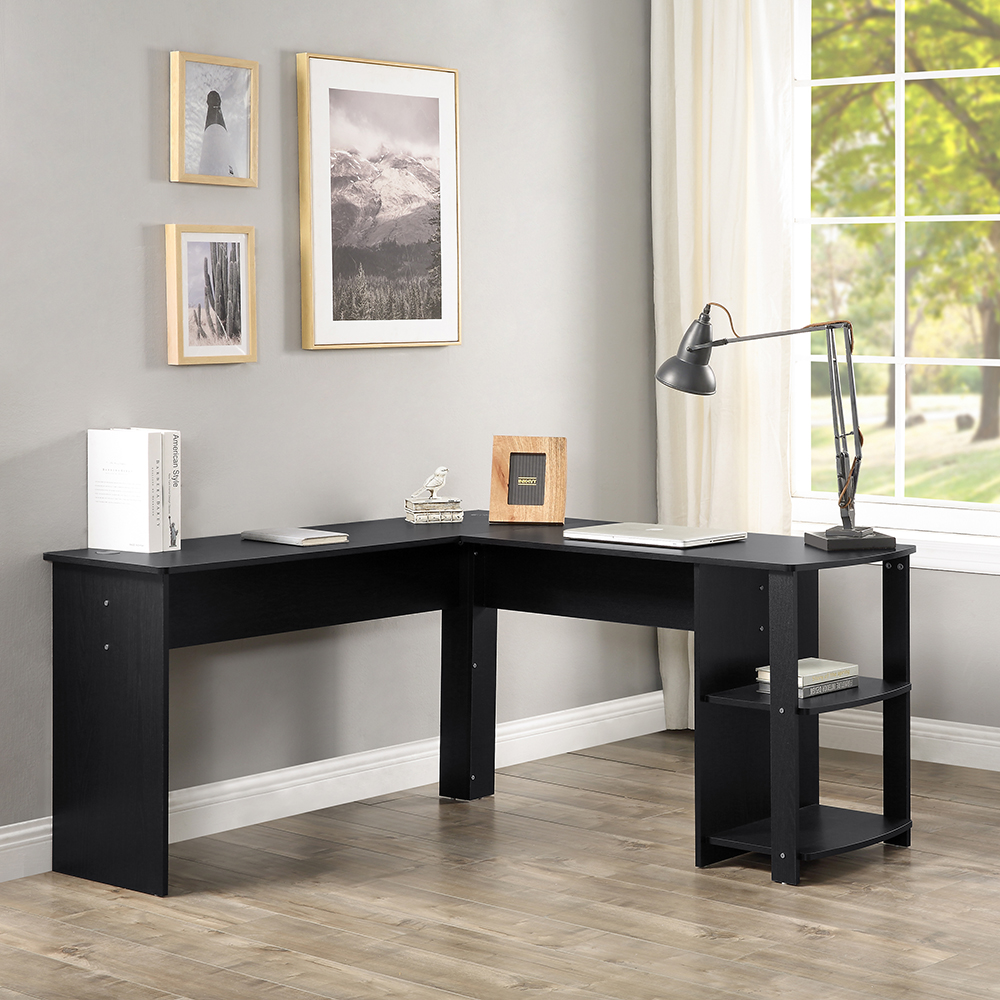 Home Office L-Shaped Computer Desk with Storage Shelf, and Particle Board Frame, for Game Room, Office, Study Room - Black