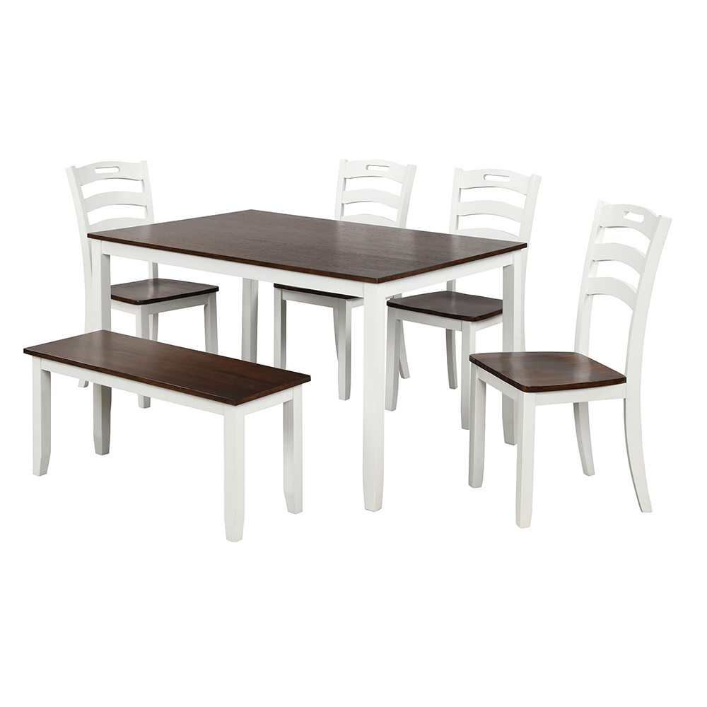 TOPMAX 6 Piece Wooden Dining Set, Including 1 Table, 1 Bench, and 4 Chairs, for Small Apartment, Studio, Kitchen - Ivory + Cherry