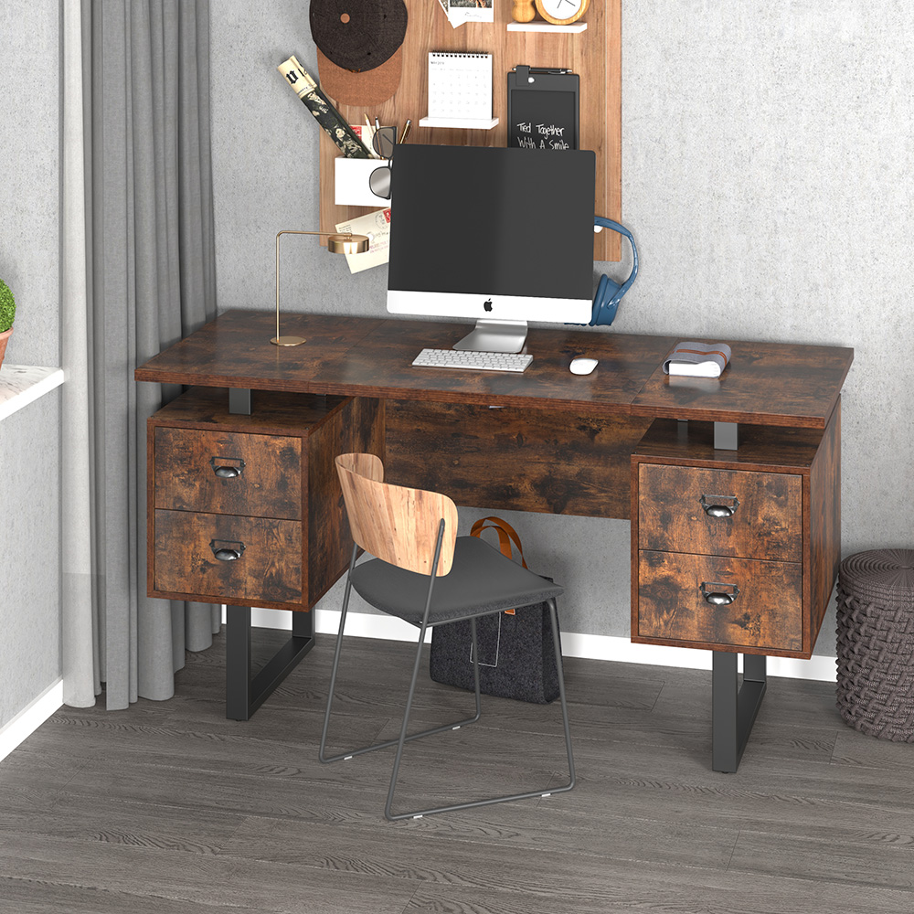 Home Office Computer Desk with 4 Storage Drawers, MDF Tabletop and Metal Frame, for Game Room, Office, Study Room - Rustic Brown