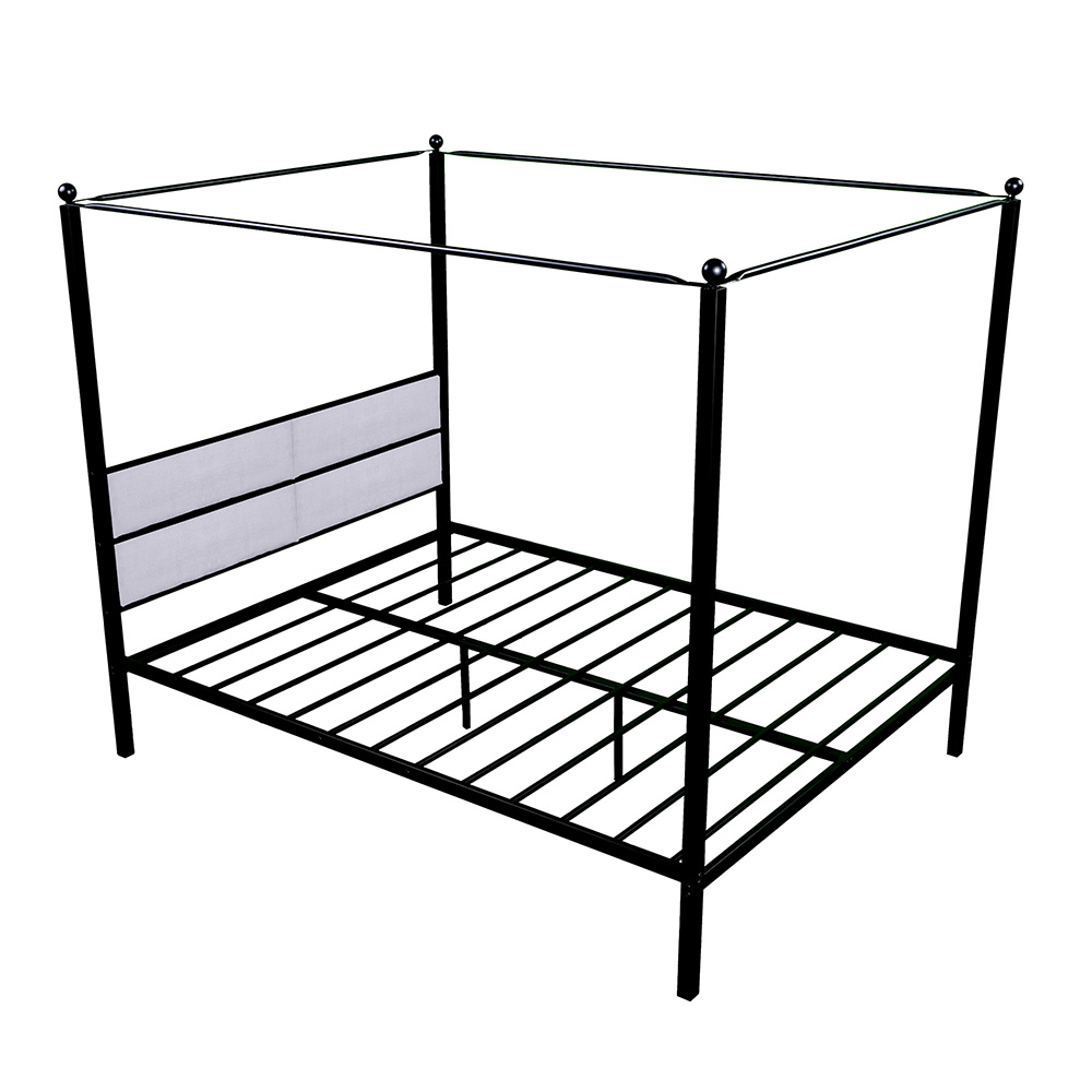 Queen-Size Metal Canopy Upholstered Bed Frame with 4 Pillars and Steel Slats Support, No Box Spring Needed (Only Frame) - Black