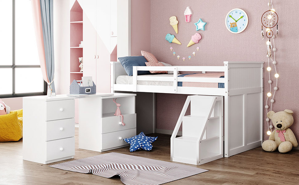 Twin-Size Loft Bed Frame with Desk, Storage Drawers, and Wooden Slats Support, for Kids, Teens, Boys, Girls (Frame Only) - White