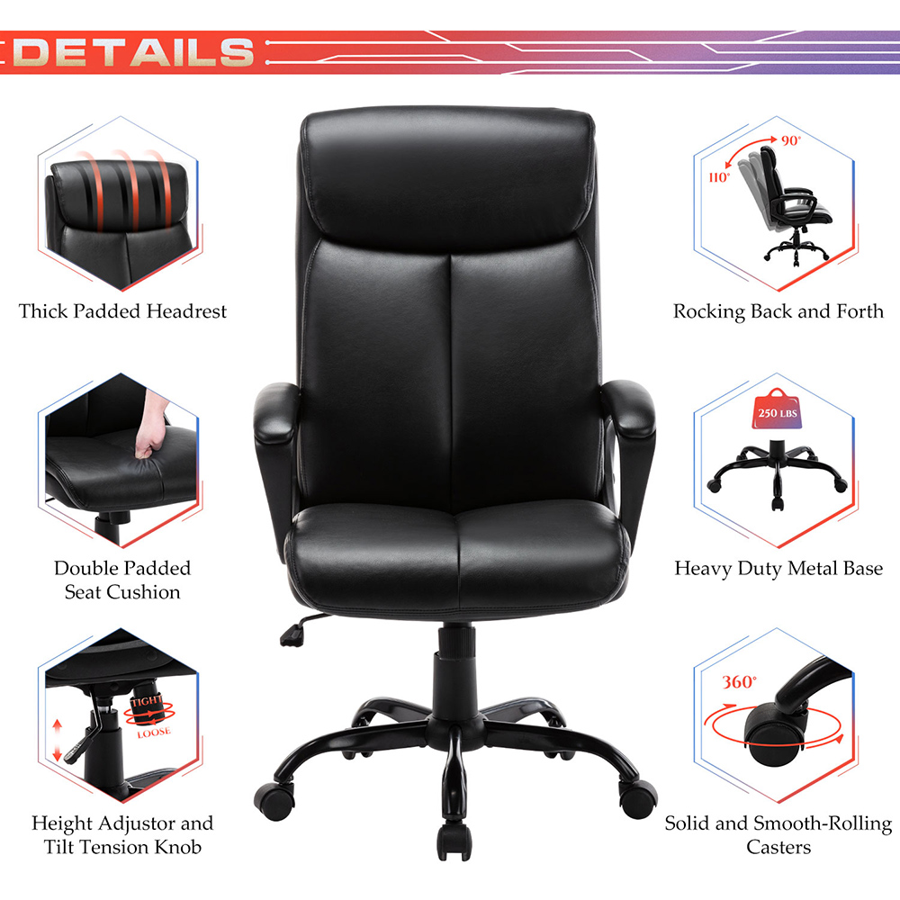 Home Office Leather Adjustable Rotatable Gaming Chair with Ergonomic High Backrest and Rocking Function - Black