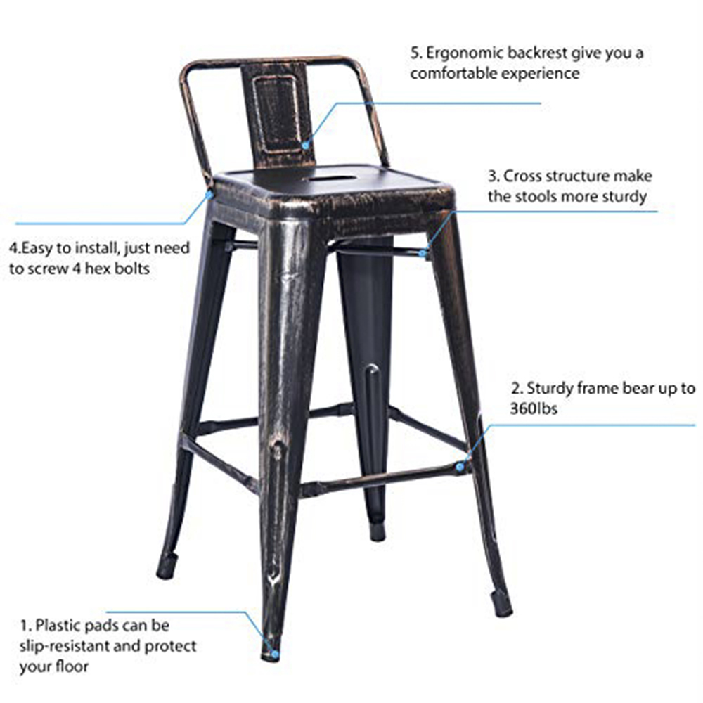 TREXM 2 Piece Metal Bar Stool Set, with Low Back, for Small Apartment, Studio, Kitchen - Black