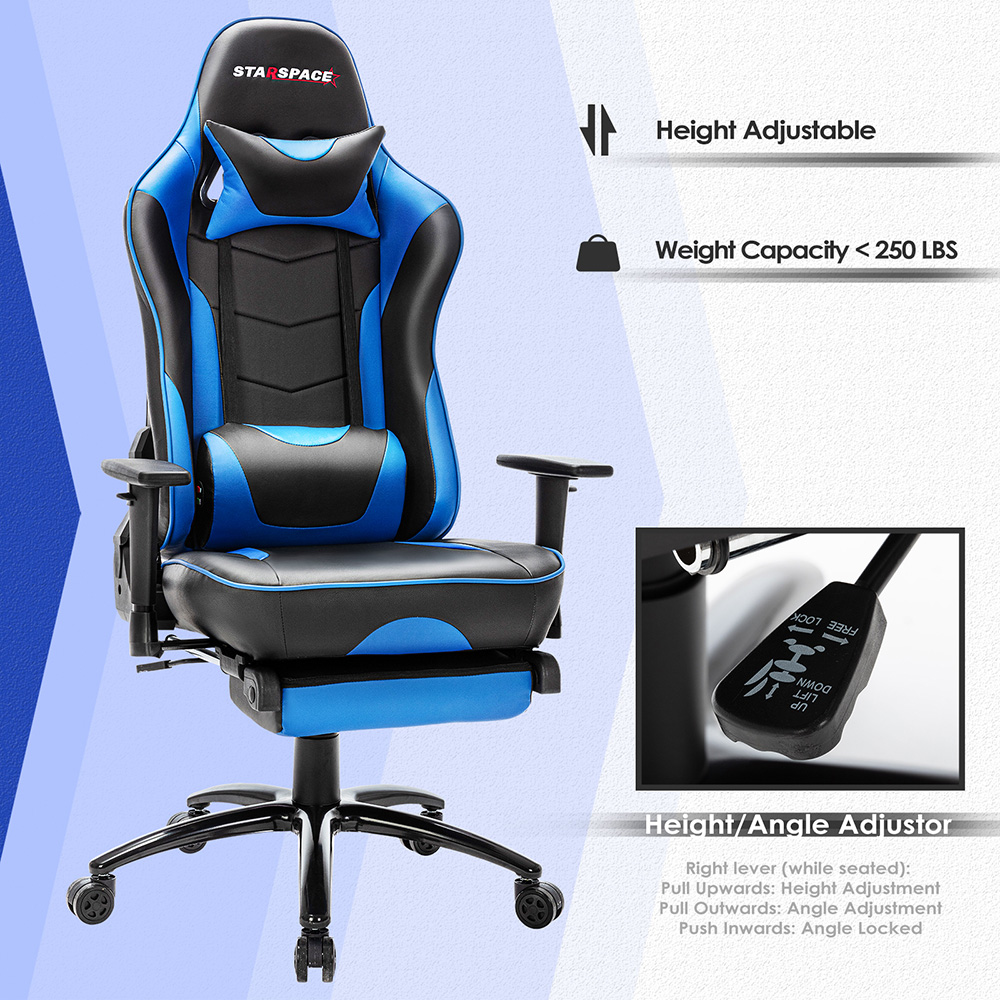 STARSPACE Home Office PU Leather Rotatable Massage Gaming Chair Height Adjustable with Ergonomic High Backrest and Footrest - Blue