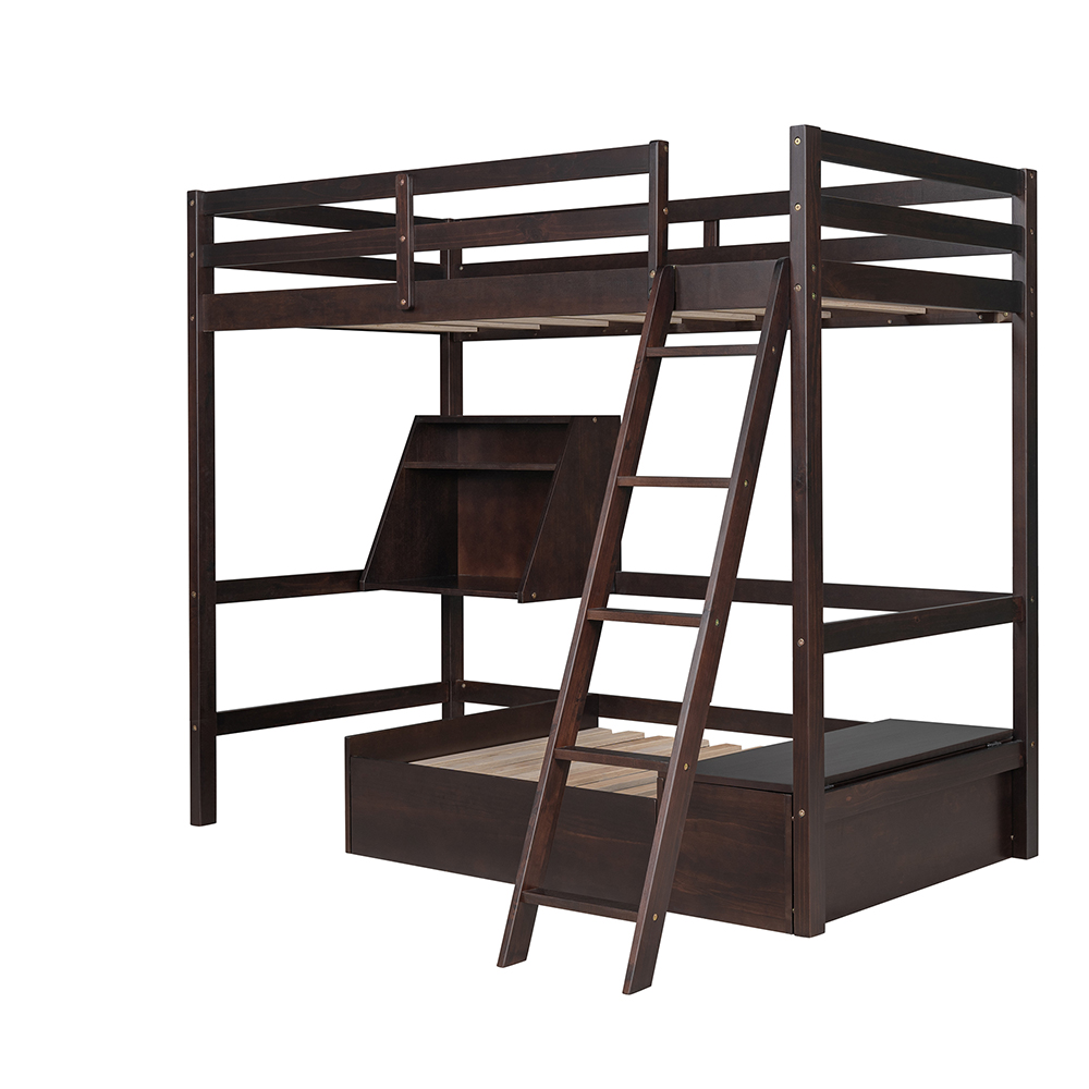 TwinSize Loft Bed Frame with Convertible Lower Bed Espresso