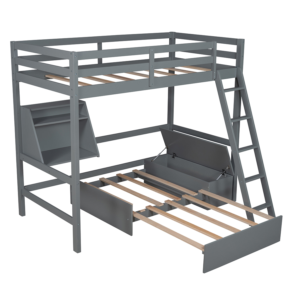 Twin-Size Loft Bed Frame with Convertible Lower Bed, Storage Box, Shelf, Ladder, and Wooden Slats Support, for Kids, Teens, Boys, Girls (Frame Only) - Gray
