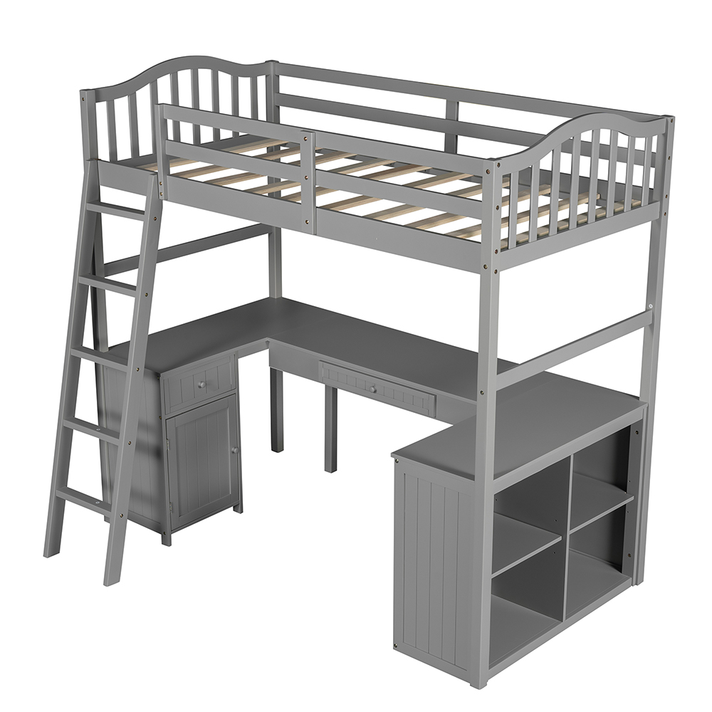 Twin-Size Loft Bed Frame with Desk, Storage Drawers,  Cabinet, Shelves, Ladder, and Wooden Slats Support, for Kids, Teens, Boys, Girls (Frame Only) - Gray