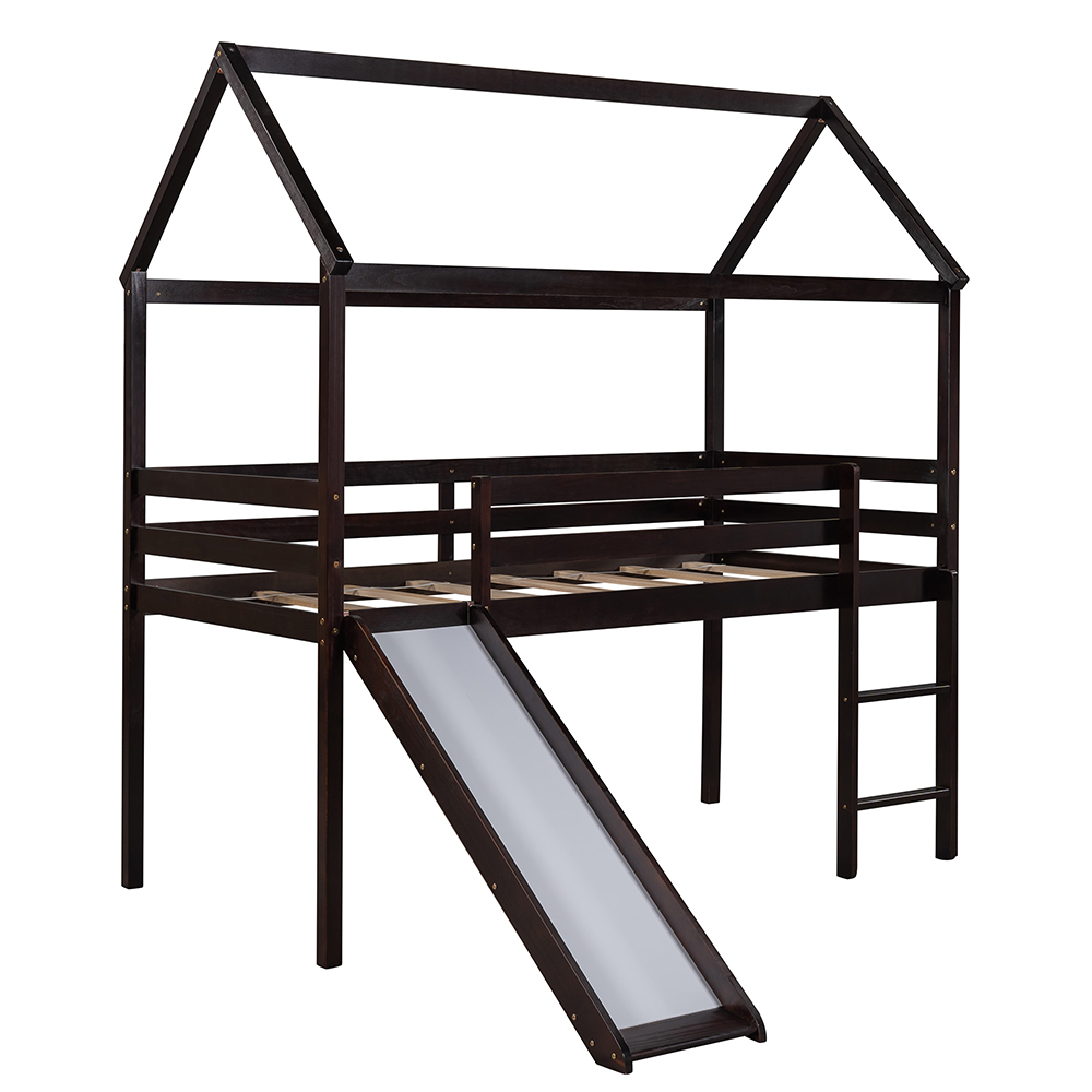 Twin-Size House-shaped Loft Bed Frame with Ladder, Slide, and Wooden Slats Support, for Kids, Teens, Boys, Girls (Frame Only) - Espresso
