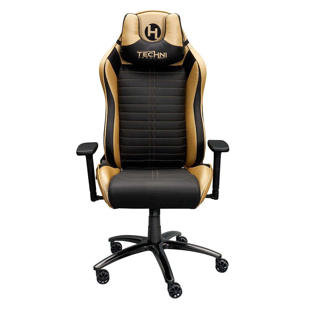 Techni Home Office PU Leather Adjustable Rotatable Gaming Chair with Ergonomic High Backrest and Casters - Gold