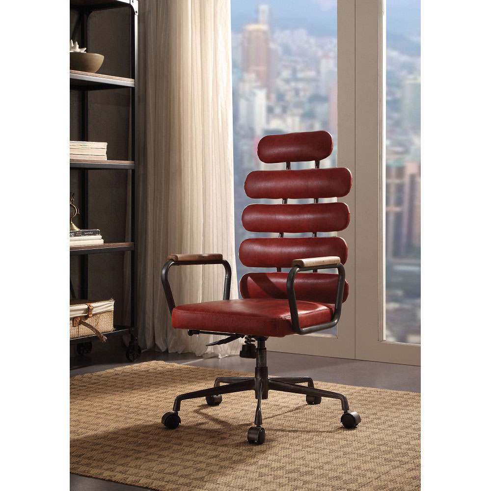 ACME Calan Modern Leisure Leather Swivel Chair Height Adjustable with High Backrest and Casters for Living Room, Bedroom, Dining Room, Office - Red