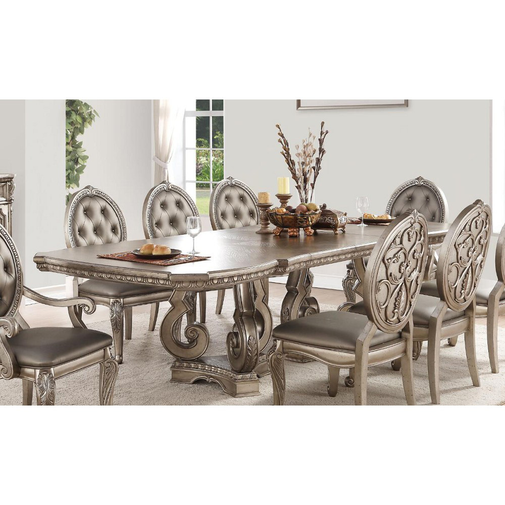 ACME Northville Dining Table with Wooden Tabletop and Wooden Base, for Restaurant, Cafe, Tavern, Living Room - Silver