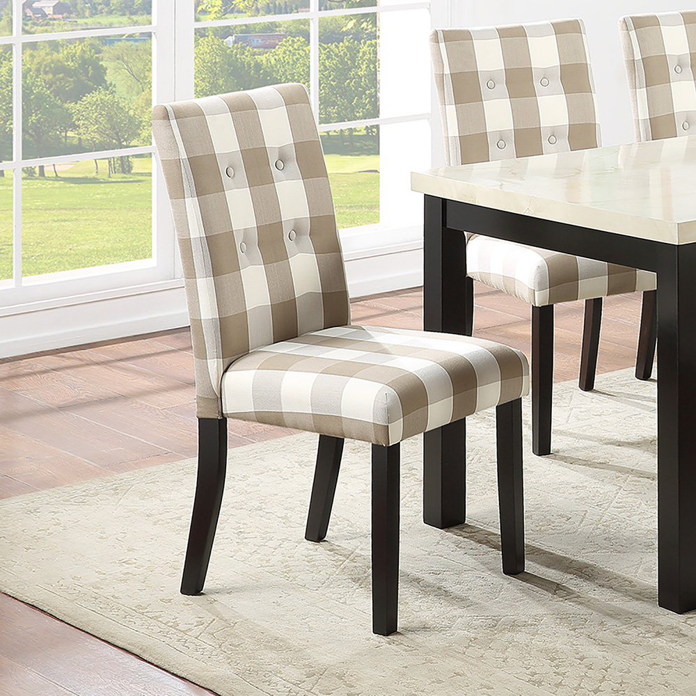 Grid Patterned Fabric Upholstered Dining Chair Set of 2, with High Backrest, and Wood Legs, for Restaurant, Cafe, Tavern, Office, Living Room - Beige