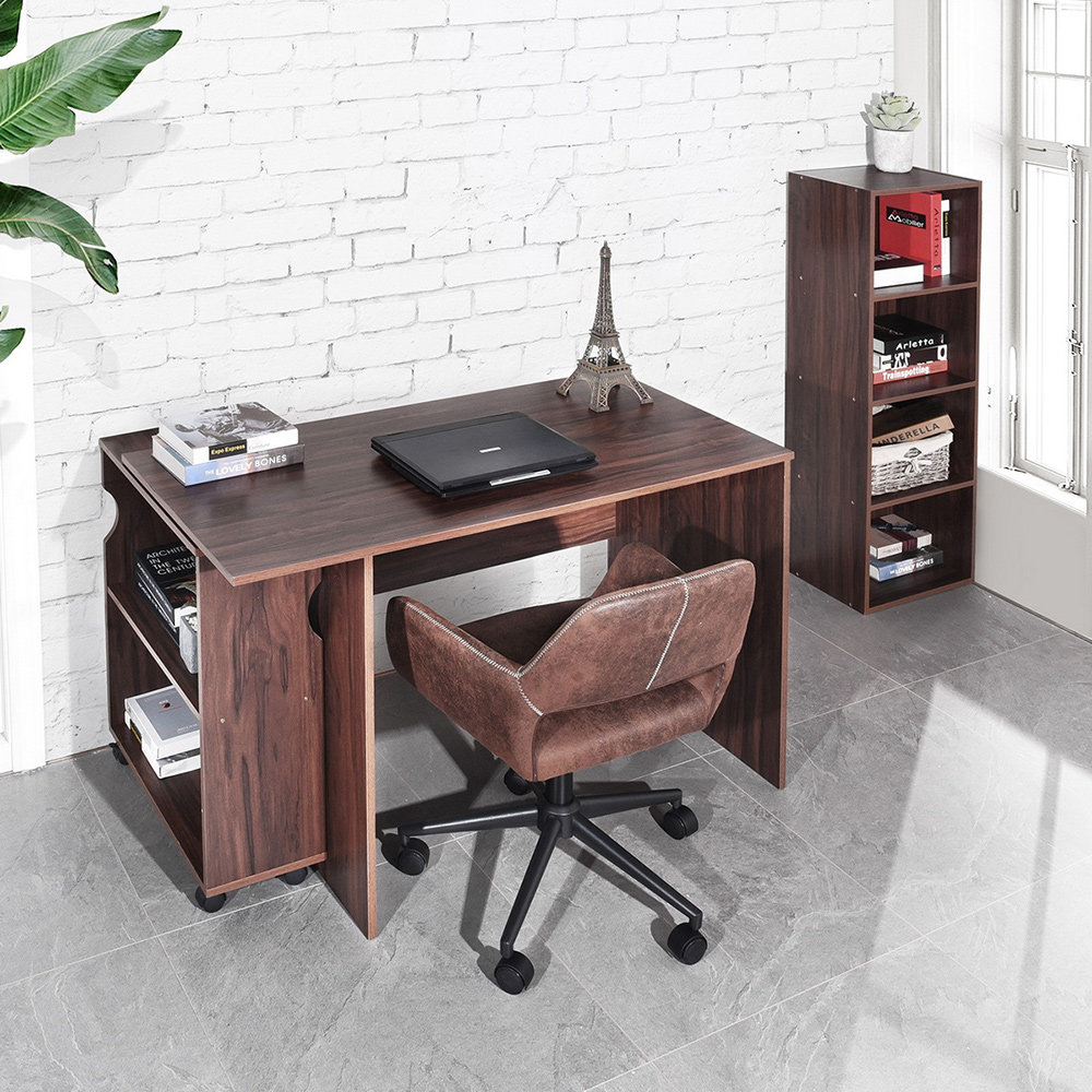 Home Office 47.4" L Computer Desk with Movable Bookcase and Wooden Frame, for Game Room, Office, Study Room - Walnut