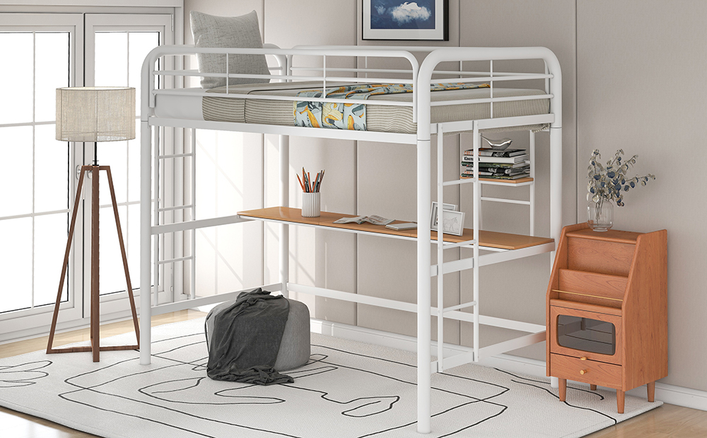 Twin-Size Loft Bed Frame with Desk, Storage Shelf, Ladders, and Metal Slats Support, for Kids, Teens, Boys, Girls (Frame Only) - White