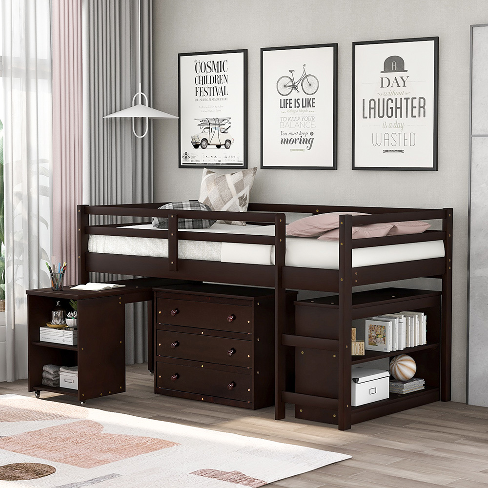 Twin-Size Loft Bed Frame with Movable Desk, Storage Cabinet, Ladder, and Wooden Slats Support, for Kids, Teens, Boys, Girls (Frame Only) - Espresso