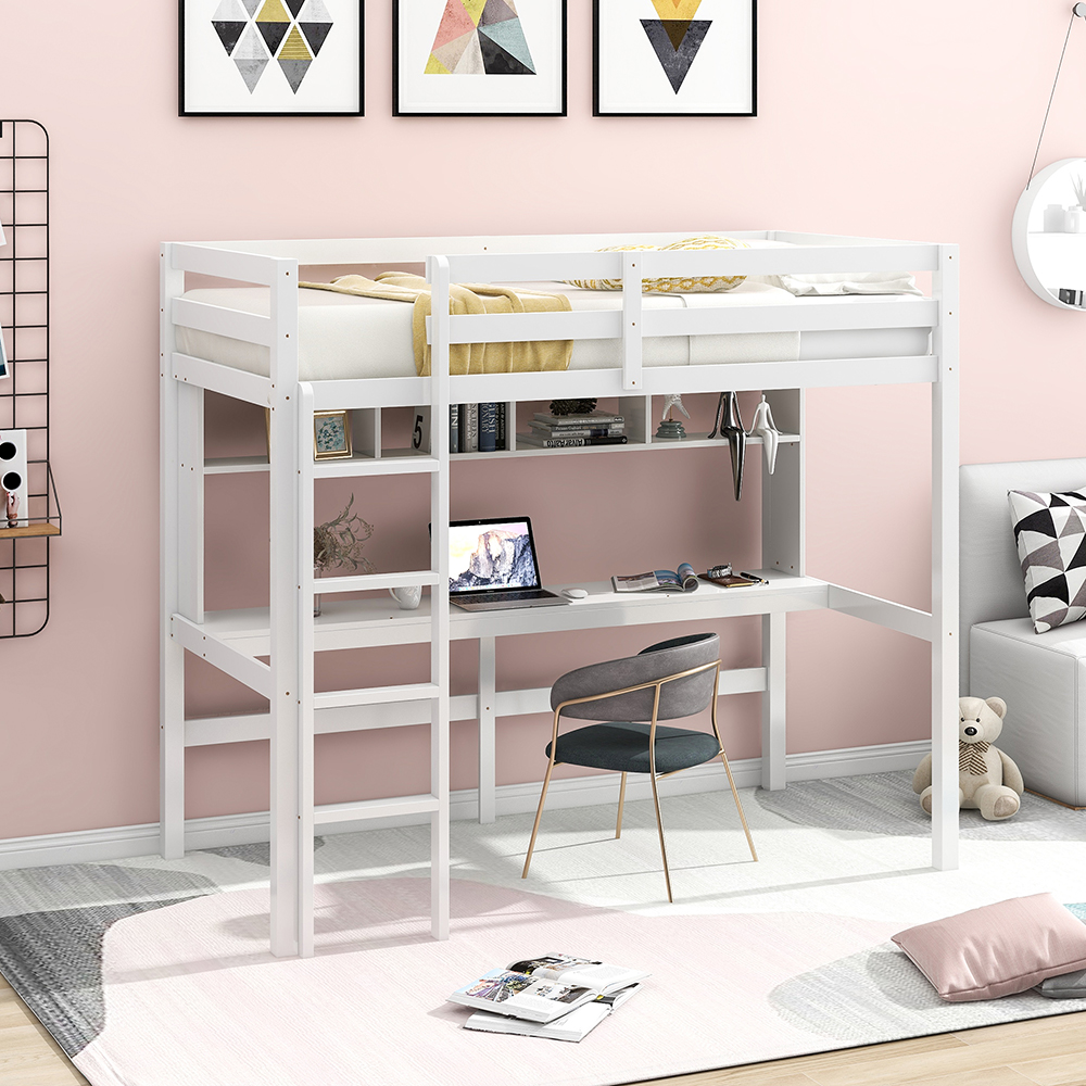 Twin-Size Loft Bed Frame With Desk, Storage Shelves, Ladder, And Wooden ...