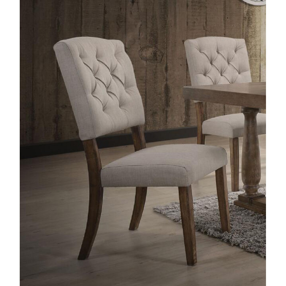 ACME Bernard Linen Upholstered Dining Chair Set of 2, with Button Tufted Backrest, and Wood Legs, for Restaurant, Cafe, Tavern, Office, Living Room - Cream