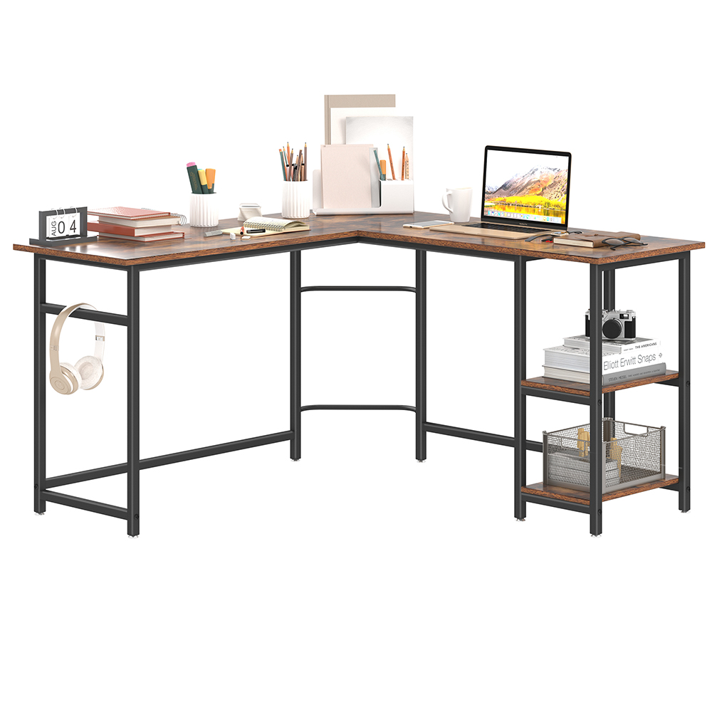 Home Office L-Shaped Computer Desk with Wooden Tabletop and Metal Frame, for Game Room, Office, Study Room - Brown