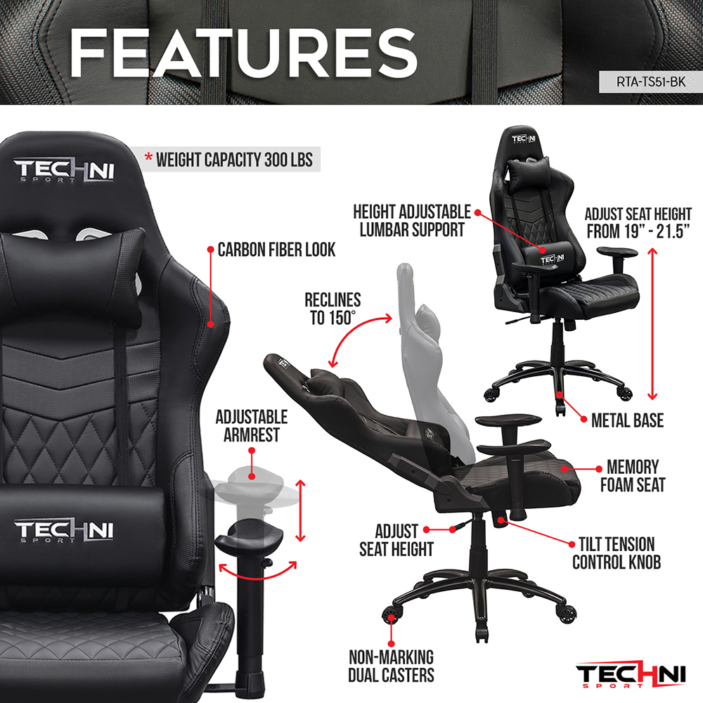 Techni Home Office PU Leather Adjustable Rotatable Gaming Chair with Ergonomic High Backrest and Lumbar Support - Black
