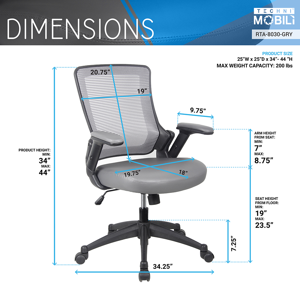 Techni Home Office Adjustable Rotatable Gaming Chair with Ergonomic Mesh Backrest and Adjustable Armrests - Gray