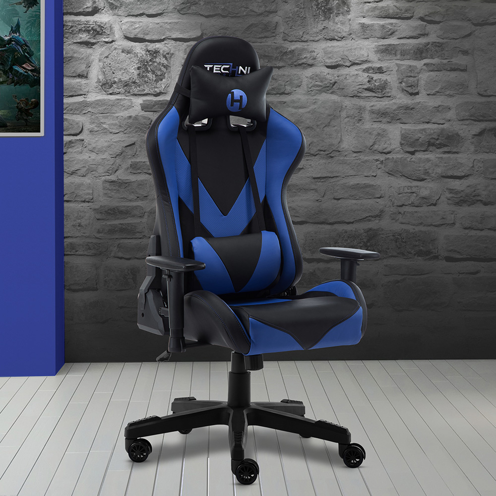 Techni Home Office Adjustable Rotatable Gaming Chair with Ergonomic High Backrest and Lumbar Support - Blue