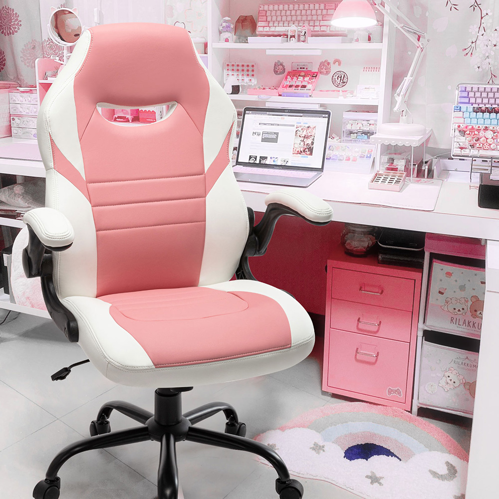 Home Office PU Leather Rotatable Gaming Chair Pink
