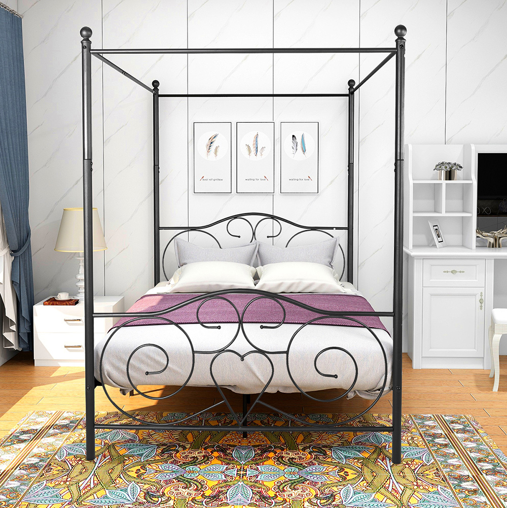 Full-Size Metal Canopy Bed Frame with 4 Pillars and Metal Slats Support, No Box Spring Needed (Only Frame) - Black