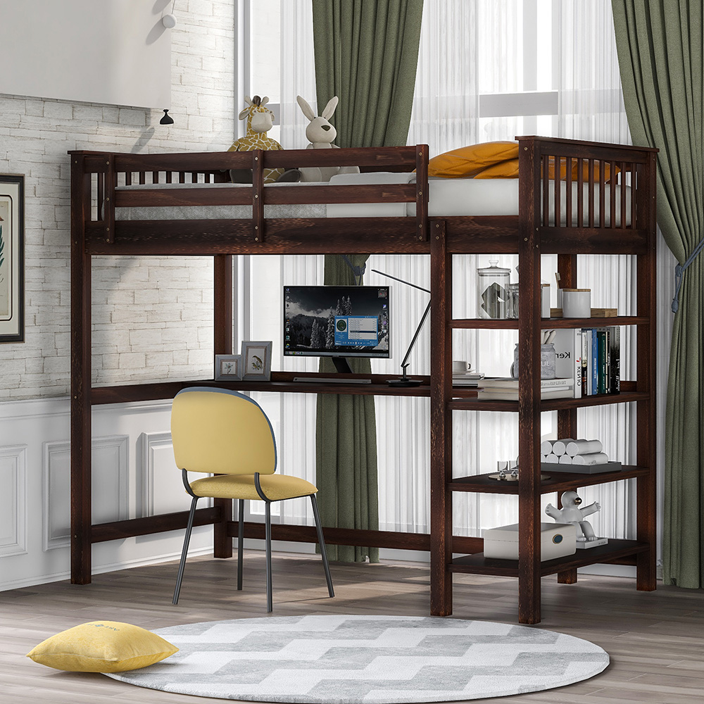 Twin-Size Loft Bed Frame with Desk, Storage Shelves, Ladder, and Wooden Slats Support, for Kids, Teens, Boys, Girls (Frame Only) - Espresso
