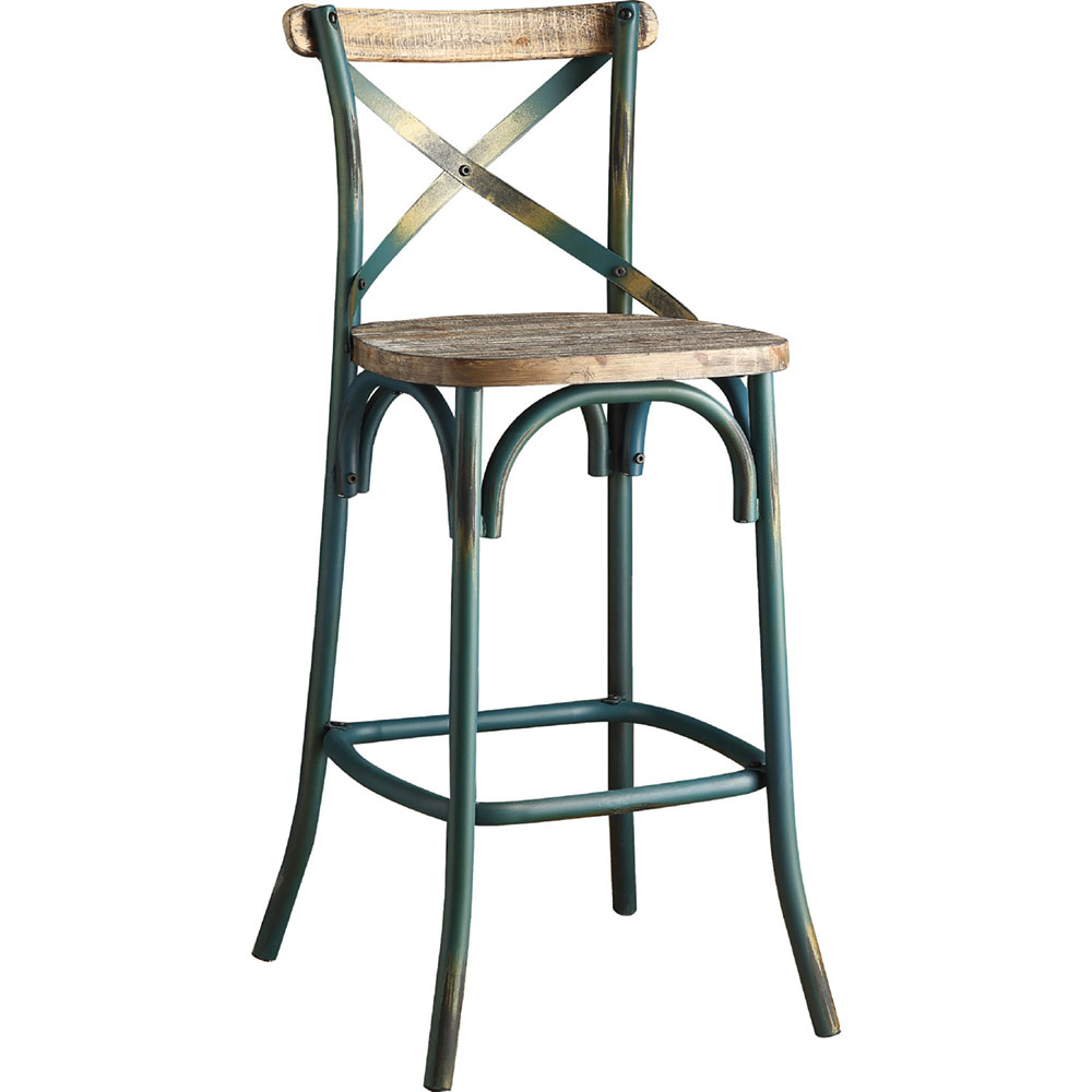 ACME Zaire Wood Dining Chair with X-shaped Backrest, and Metal Frame, for Restaurant, Cafe, Tavern, Office, Living Room - Blue + Oak