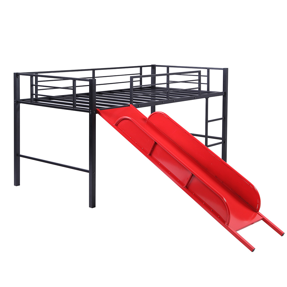 Twin-Size Loft Bed Frame with Slide, Ladder, and Metal Slats Support, for Kids, Teens, Boys, Girls (Frame Only) - Black + Red