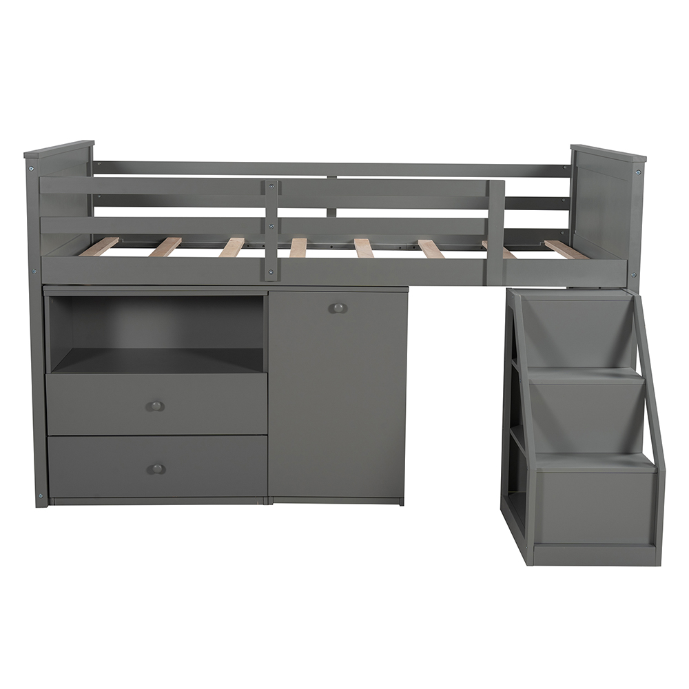 Twin-Size Loft Bed Frame with Desk, Storage Drawers, and Wooden Slats Support, for Kids, Teens, Boys, Girls (Frame Only) - Gray