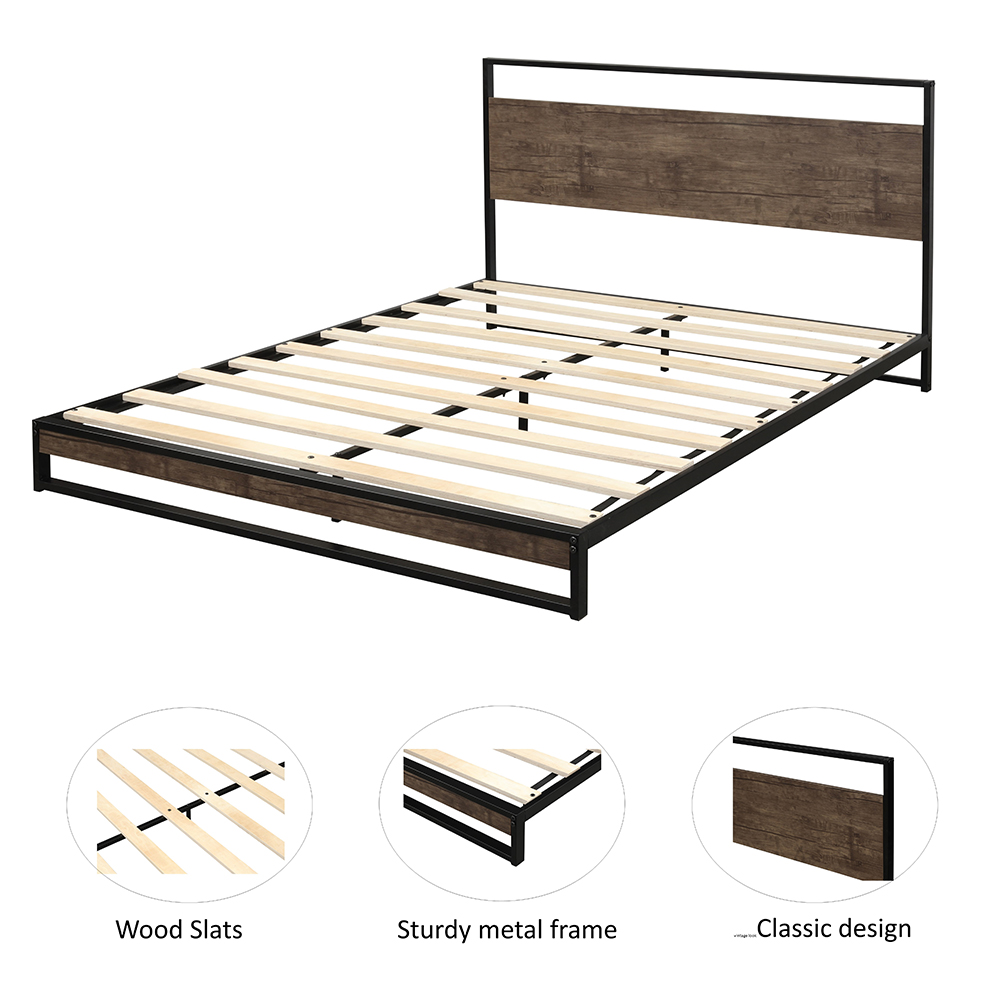 Queen-Size Metal Platform Bed Frame with Headboard and Wooden Slats Support, No Box Spring Needed (Only Frame) - Espresso